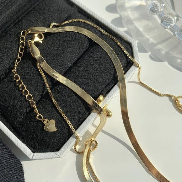 NEW Gold Snakechain Layered Herringbone Necklace - Picture 4 of 9